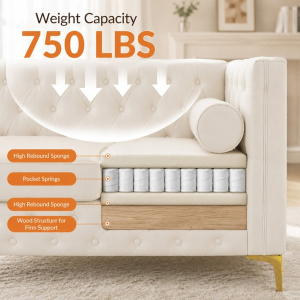 English Elm 78.5 Inch Faux Leather Mid-Century Modern Sofa with Tufted Back and Metal Legs Cream White W3276S00023
