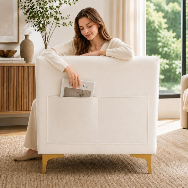English Elm 78.5 Inch Faux Leather Mid-Century Modern Sofa with Tufted Back and Metal Legs Cream White W3276S00023