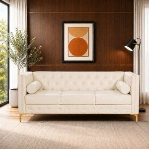 English Elm 78.5 Inch Faux Leather Mid-Century Modern Sofa with Tufted Back and Metal Legs Cream White W3276S00023