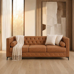 English Elm 78.5 Inch Faux Leather Mid-Century Modern Sofa with Tufted Back and Metal Legs Brown W3276S00024