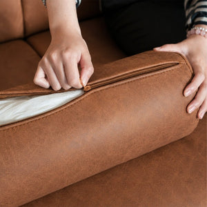 English Elm 78.5 Inch Faux Leather Mid-Century Modern Sofa with Tufted Back and Metal Legs Brown W3276S00024