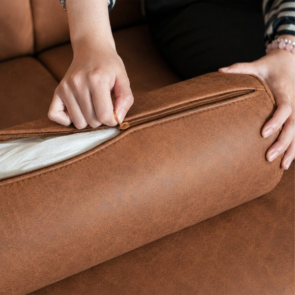 English Elm 78.5 Inch Faux Leather Mid-Century Modern Sofa with Tufted Back and Metal Legs Brown W3276S00024