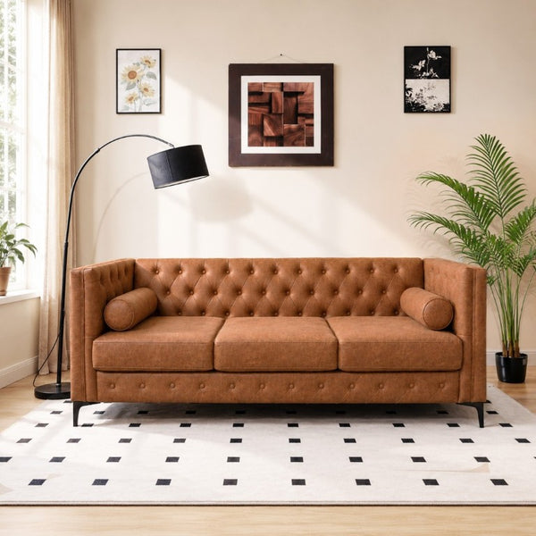 English Elm 78.5 Inch Faux Leather Mid-Century Modern Sofa with Tufted Back and Metal Legs Brown W3276S00024