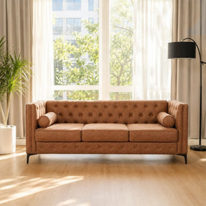 English Elm 78.5 Inch Faux Leather Mid-Century Modern Sofa with Tufted Back and Metal Legs Brown W3276S00024