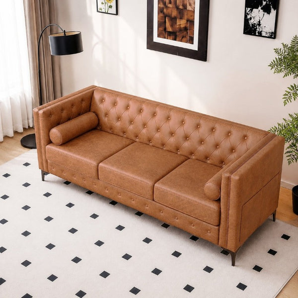 English Elm 78.5 Inch Faux Leather Mid-Century Modern Sofa with Tufted Back and Metal Legs Brown W3276S00024