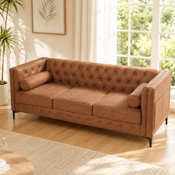 English Elm 78.5 Inch Faux Leather Mid-Century Modern Sofa with Tufted Back and Metal Legs Brown W3276S00024