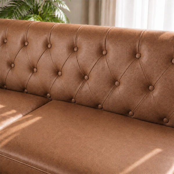 English Elm 78.5 Inch Faux Leather Mid-Century Modern Sofa with Tufted Back and Metal Legs Brown W3276S00024