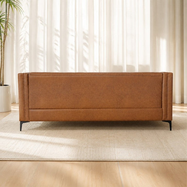 English Elm 78.5 Inch Faux Leather Mid-Century Modern Sofa with Tufted Back and Metal Legs Brown W3276S00024