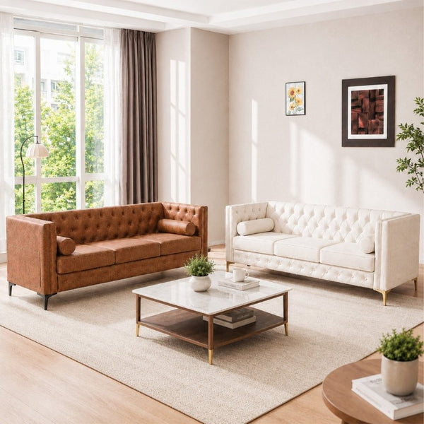 English Elm 78.5 Inch Faux Leather Mid-Century Modern Sofa with Tufted Back and Metal Legs Brown W3276S00024
