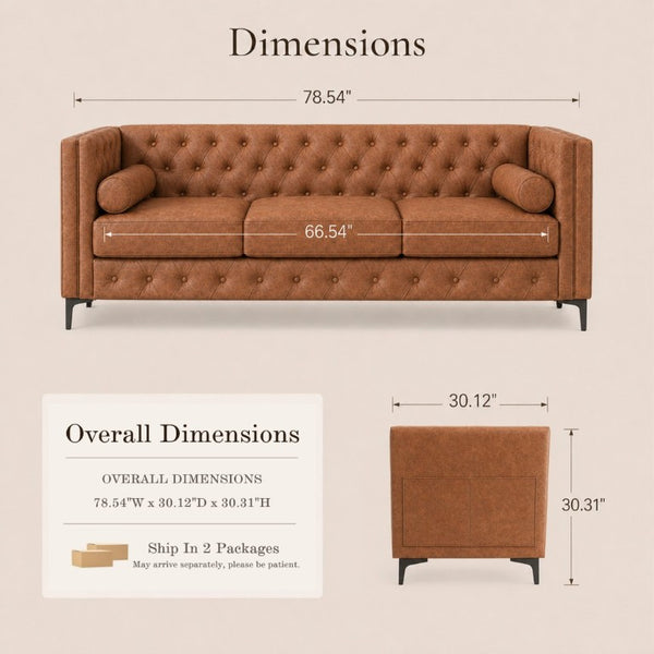 English Elm 78.5 Inch Faux Leather Mid-Century Modern Sofa with Tufted Back and Metal Legs Brown W3276S00024
