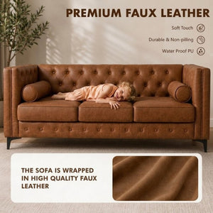 English Elm 78.5 Inch Faux Leather Mid-Century Modern Sofa with Tufted Back and Metal Legs Brown W3276S00024