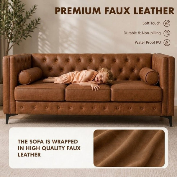English Elm 78.5 Inch Faux Leather Mid-Century Modern Sofa with Tufted Back and Metal Legs Brown W3276S00024