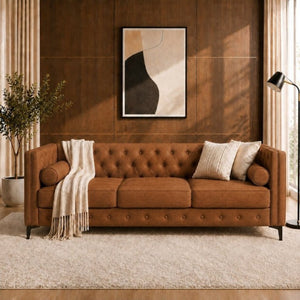English Elm 78.5 Inch Faux Leather Mid-Century Modern Sofa with Tufted Back and Metal Legs Brown W3276S00024