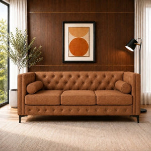 English Elm 78.5 Inch Faux Leather Mid-Century Modern Sofa with Tufted Back and Metal Legs Brown W3276S00024