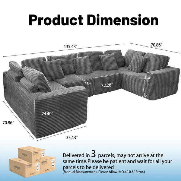 English Elm 135.5-inch Modular U-shaped Sectional Sofa 6-seat Corduroy Reversible Chaise Lounge Dark Grey W3276S00025