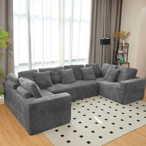 English Elm 135.5-inch Modular U-shaped Sectional Sofa 6-seat Corduroy Reversible Chaise Lounge Dark Grey W3276S00025