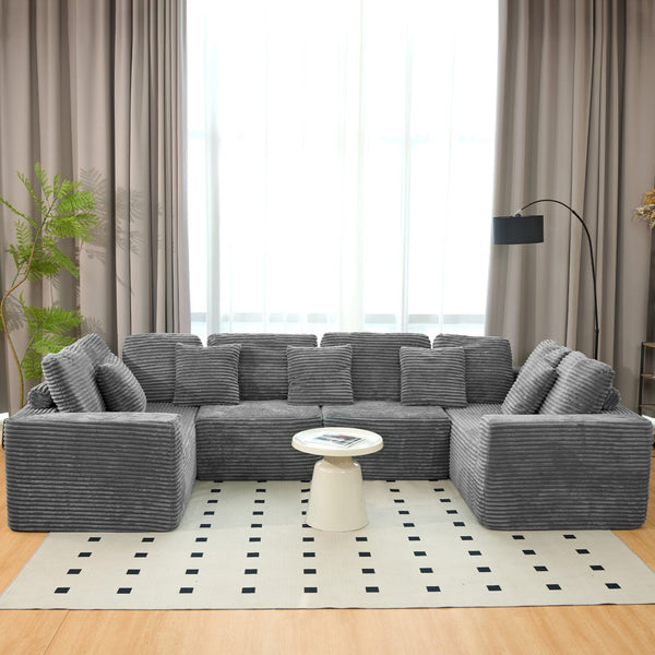English Elm 135.5-inch Modular U-shaped Sectional Sofa 6-seat Corduroy Reversible Chaise Lounge Dark Grey W3276S00025