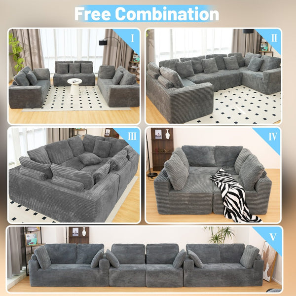 English Elm 135.5-inch Modular U-shaped Sectional Sofa 6-seat Corduroy Reversible Chaise Lounge Dark Grey W3276S00025