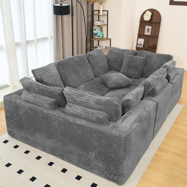 English Elm 135.5-inch Modular U-shaped Sectional Sofa 6-seat Corduroy Reversible Chaise Lounge Dark Grey W3276S00025