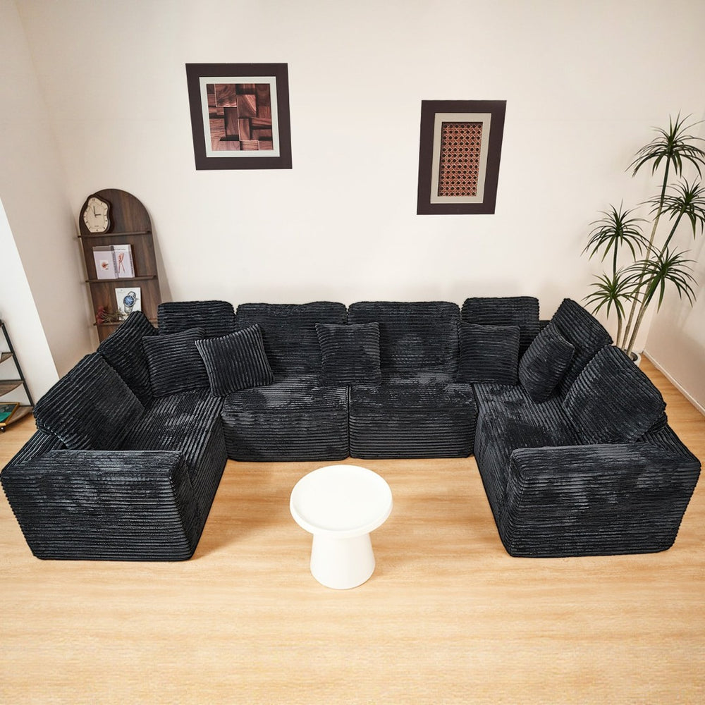 English Elm 135.5-inch Modular U-shaped Sectional Sofa 6-seat Corduroy Reversible Chaise Lounge Black W3276S00026