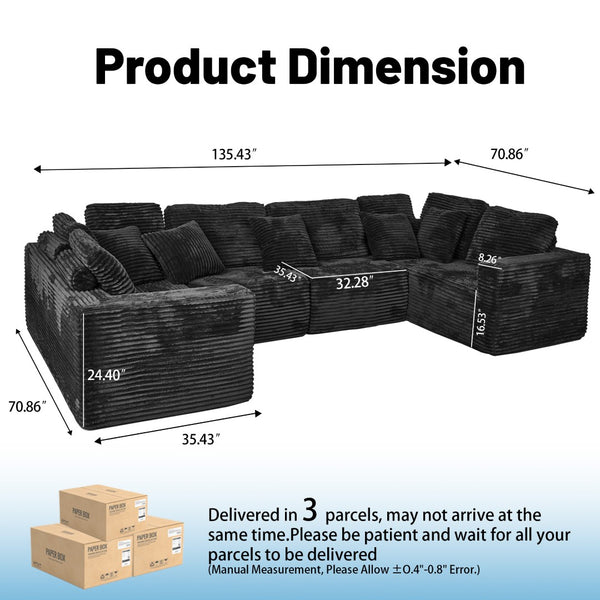 English Elm 135.5-inch Modular U-shaped Sectional Sofa 6-seat Corduroy Reversible Chaise Lounge Black W3276S00026