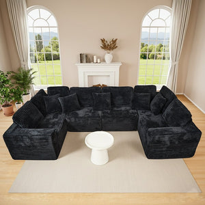 English Elm 135.5-inch Modular U-shaped Sectional Sofa 6-seat Corduroy Reversible Chaise Lounge Black W3276S00026