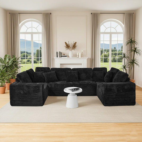 English Elm 135.5-inch Modular U-shaped Sectional Sofa 6-seat Corduroy Reversible Chaise Lounge Black W3276S00026