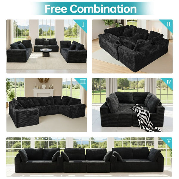 English Elm 135.5-inch Modular U-shaped Sectional Sofa 6-seat Corduroy Reversible Chaise Lounge Black W3276S00026