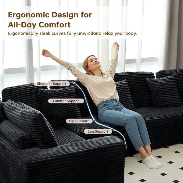 English Elm 135.5-inch Modular U-shaped Sectional Sofa 6-seat Corduroy Reversible Chaise Lounge Black W3276S00026