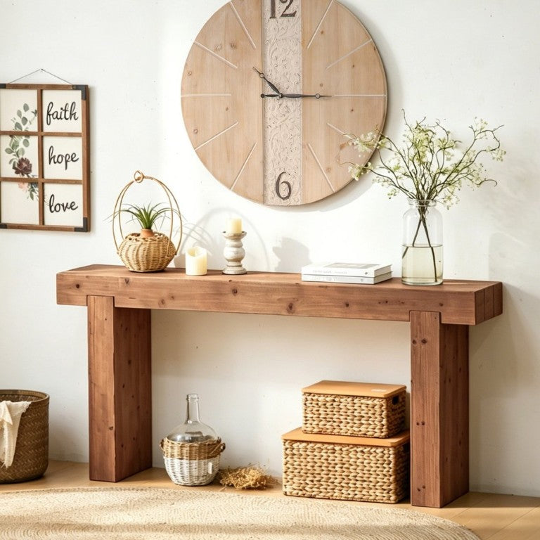English Elm 63 Inch Solid Wood Console Table Rustic Farmhouse Entryway Piece with Thick Block Legs W3306P478256