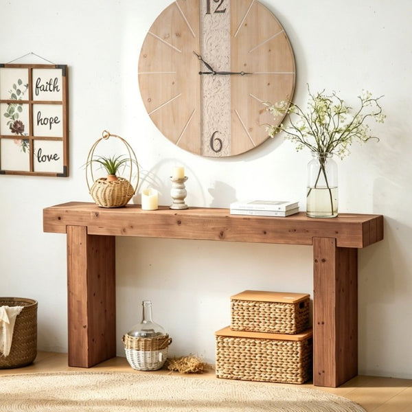 English Elm 63 Inch Solid Wood Console Table Rustic Farmhouse Entryway Piece with Thick Block Legs W3306P478256