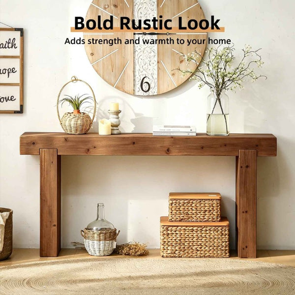 English Elm 63 Inch Solid Wood Console Table Rustic Farmhouse Entryway Piece with Thick Block Legs W3306P478256