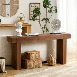 English Elm 63 Inch Solid Wood Console Table Rustic Farmhouse Entryway Piece with Thick Block Legs W3306P478256