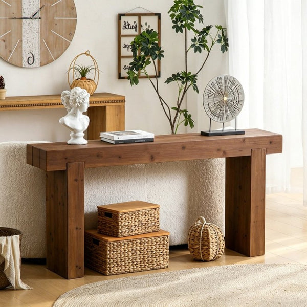 English Elm 63 Inch Solid Wood Console Table Rustic Farmhouse Entryway Piece with Thick Block Legs W3306P478256