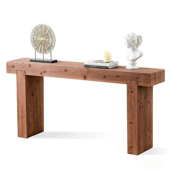 English Elm 63 Inch Solid Wood Console Table Rustic Farmhouse Entryway Piece with Thick Block Legs W3306P478256