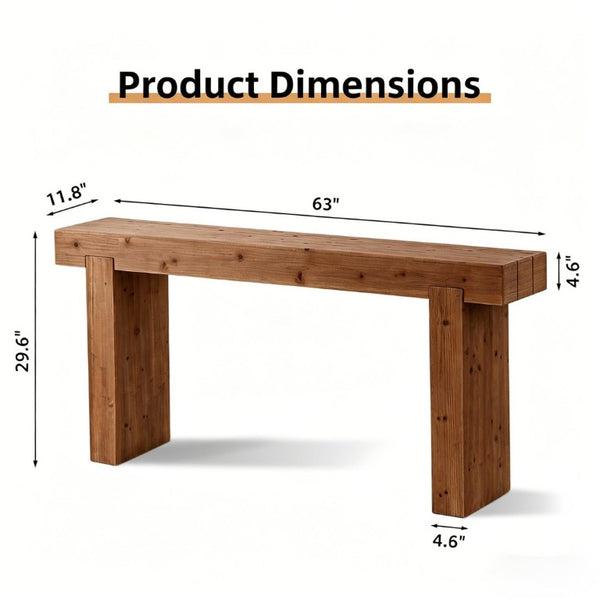 English Elm 63 Inch Solid Wood Console Table Rustic Farmhouse Entryway Piece with Thick Block Legs W3306P478256