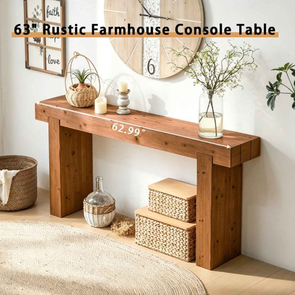 English Elm 63 Inch Solid Wood Console Table Rustic Farmhouse Entryway Piece with Thick Block Legs W3306P478256