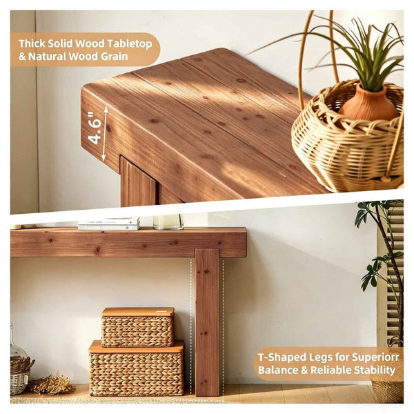 English Elm 63 Inch Solid Wood Console Table Rustic Farmhouse Entryway Piece with Thick Block Legs W3306P478256