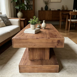 English Elm 47.24Natural Solid Wood Coffee Table Thick Slab Matte Finish for Japandi Living Rooms Natural+Rustic W3306P508283