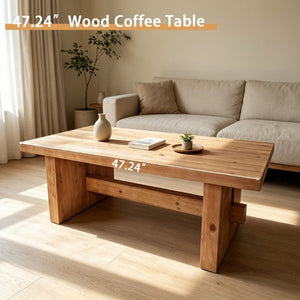 English Elm 47.24 Inch Solid Fir Wood Coffee Table Low Profile Farmhouse Style for Living Rooms W3306P526963