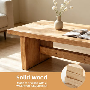 English Elm 47.24 Inch Solid Fir Wood Coffee Table Low Profile Farmhouse Style for Living Rooms W3306P526963