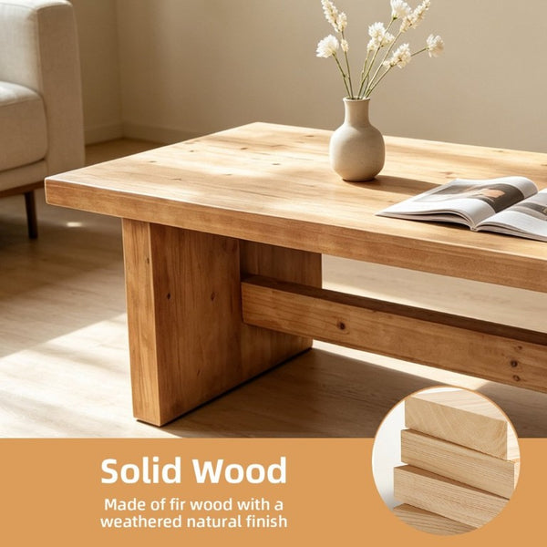 English Elm 47.24 Inch Solid Fir Wood Coffee Table Low Profile Farmhouse Style for Living Rooms W3306P526963