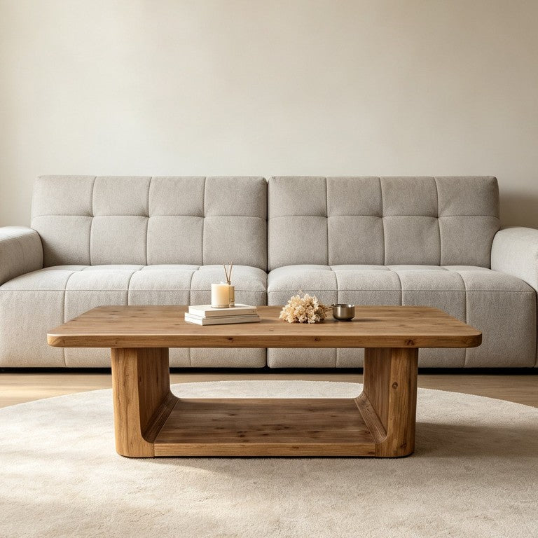 English Elm 47.24 Inch Solid Fir Wood Farmhouse Coffee Table with Open Lower Shelf for Living Room W3306P573370