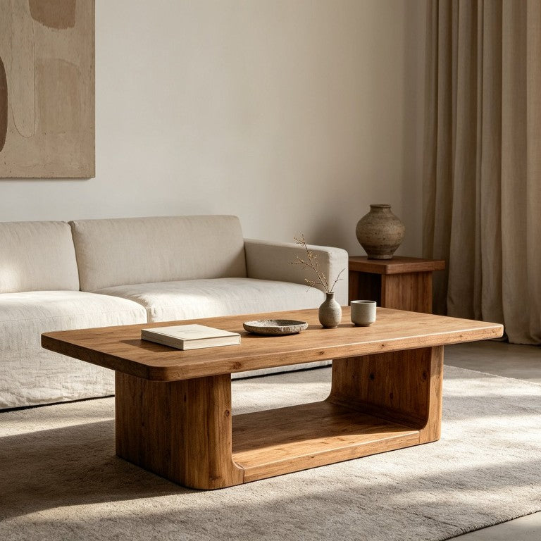 English Elm 47.24 Inch Solid Fir Wood Farmhouse Coffee Table with Open Lower Shelf for Living Room W3306P573370