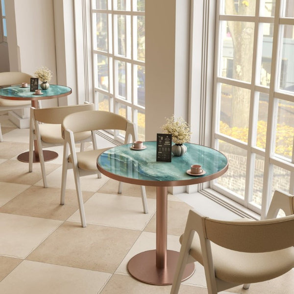 English Elm 31.5 Round Tulip Pedestal Table Sintered Stone Marble Top Gold Stainless Base Green, Rose Gold W3316P482259