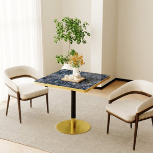 English Elm 31.5Square Sintered Stone Tulip Dining Table Marble Look Pedestal Base Seats Four Blue / Gold W3316P482260