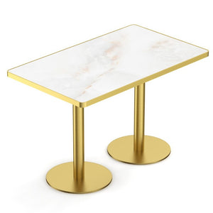 English Elm 47.24Tulip Sintered Stone Marble Top Dining Table Brushed Steel Pedestal Base Seats Six White+Gold W3316S00045