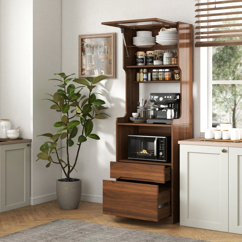 English Elm Kitchen Farmhouse Hutch Buffet with Microwave Stand Drawers and Pantry Storage W331P440565