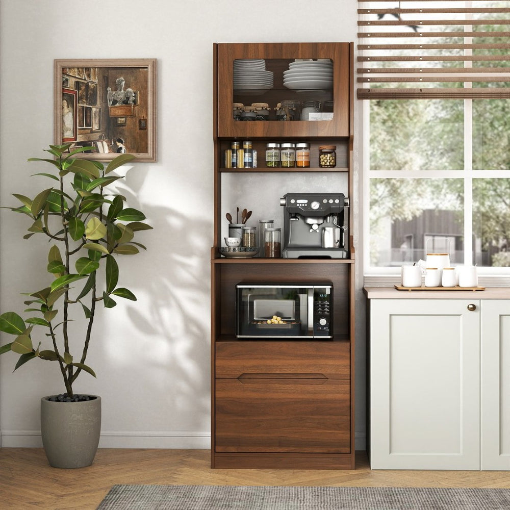 English Elm Kitchen Farmhouse Hutch Buffet with Microwave Stand Drawers and Pantry Storage W331P440565