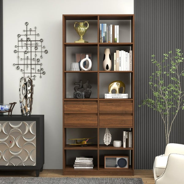 English Elm Open Cubby Shelving Unit with 4 Drawers Tall Freestanding Modern Display Cabinet W331P457149